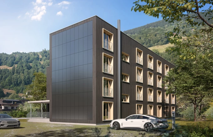 So wird die Energieversorgung später aussehen: Visualisierung der Architektur-PV am Mitarbeiterwohnhaus der Silvretta Montafon. So wird die Energieversorgung später aussehen: Visualisierung der Architektur-PV am Mitarbeiterwohnhaus der Silvretta Montafon.